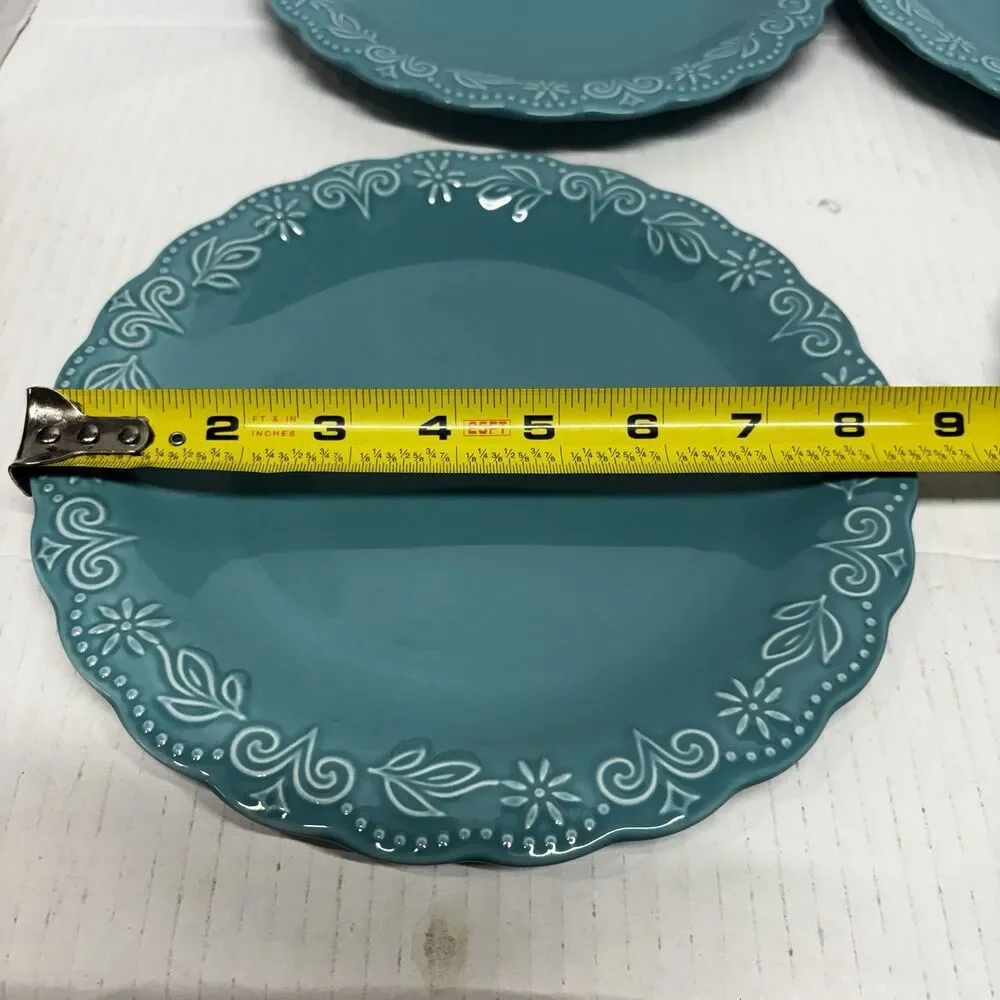 Pioneer Woman Teal Salad Plates Set of 4 Floral Scalloped Stoneware 9”